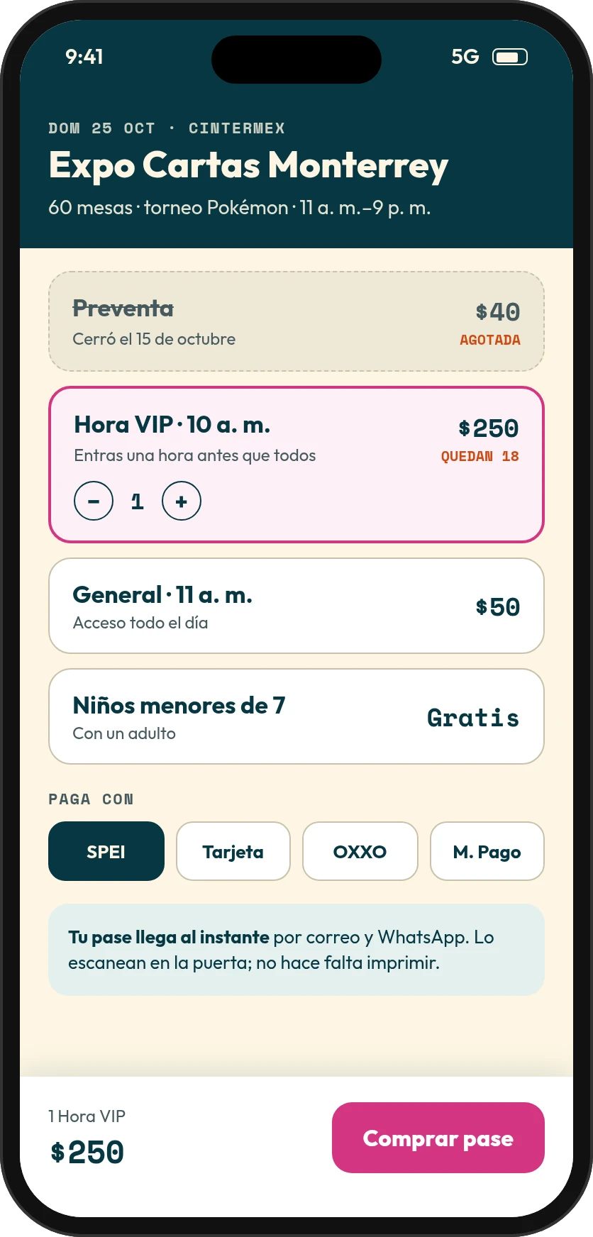 Ejemplo de compra de boletos: preventa agotada, Hora VIP seleccionada a $250, general $50, niños gratis, pago con SPEI.