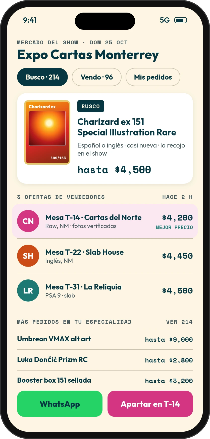 Mercado del show en el celular: un pedido de Charizard ex con tres ofertas de vendedores.