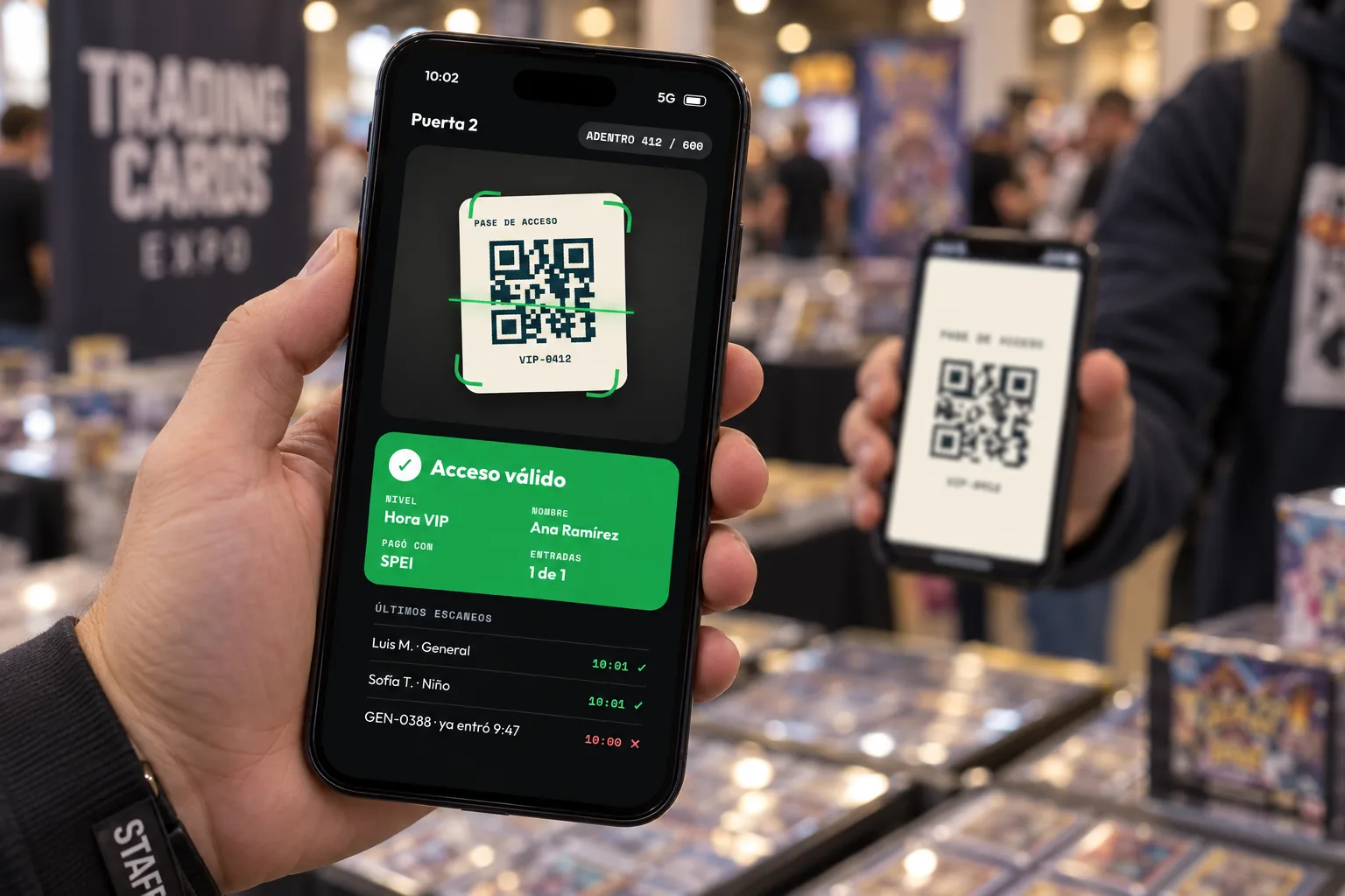 El staff escanea un pase VIP en la puerta: la app muestra «Acceso válido», 412 de 600 personas adentro.
