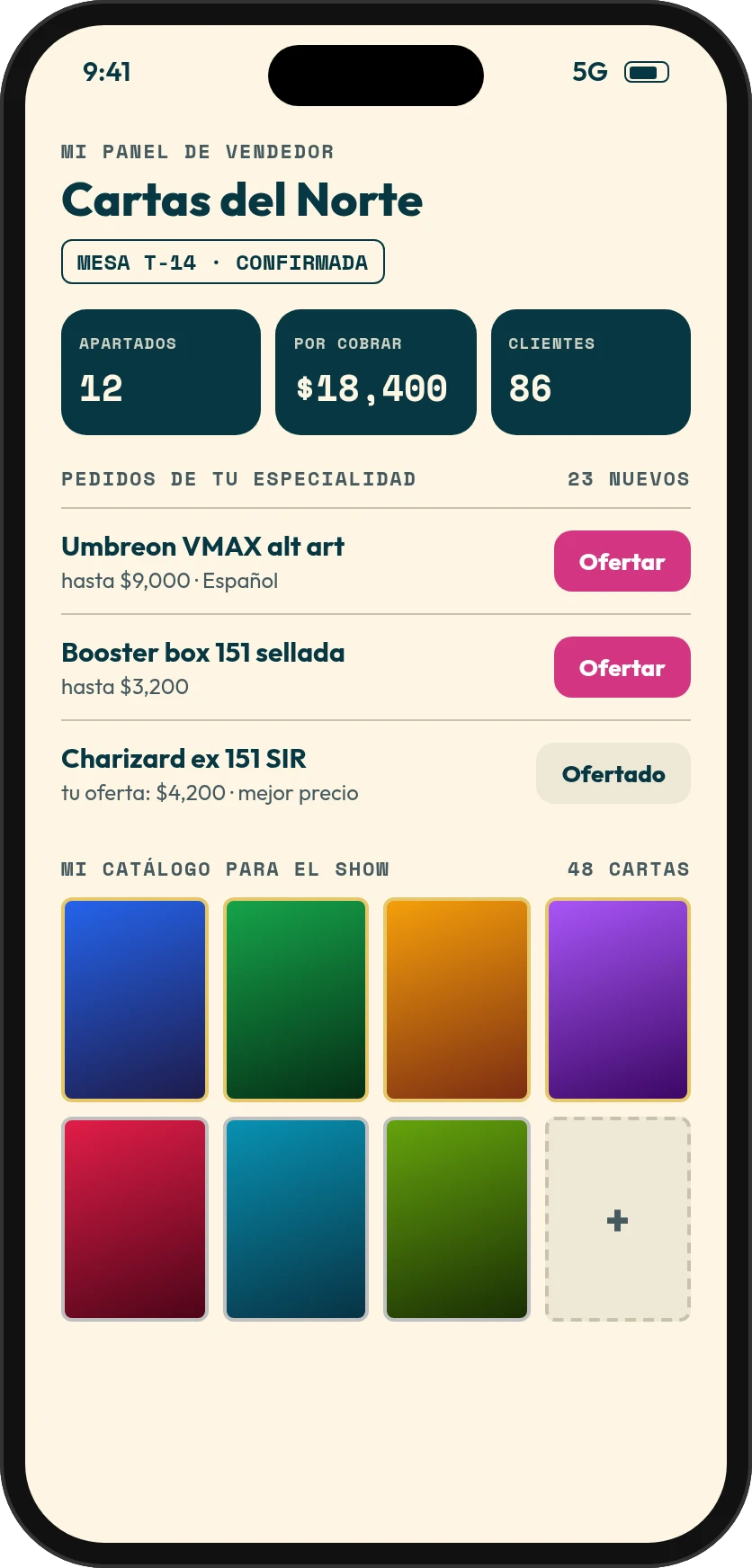 Ejemplo del panel de vendedor: mesa T-14 confirmada, 12 apartados, $18,400 por cobrar, pedidos para ofertar y su catálogo.